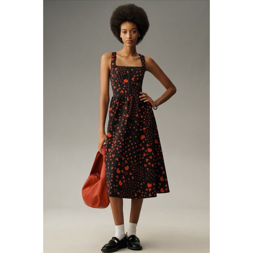Anthropologie Avec Les Filles Midi Dress Red Hearts Love Boho Preppy Size 10 NWT